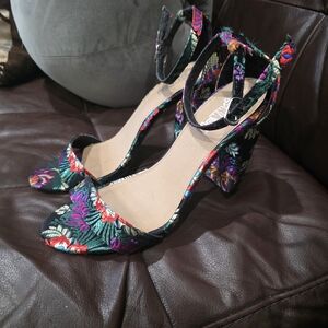 Brash Black Floral Embroidered Block Heel Sandals